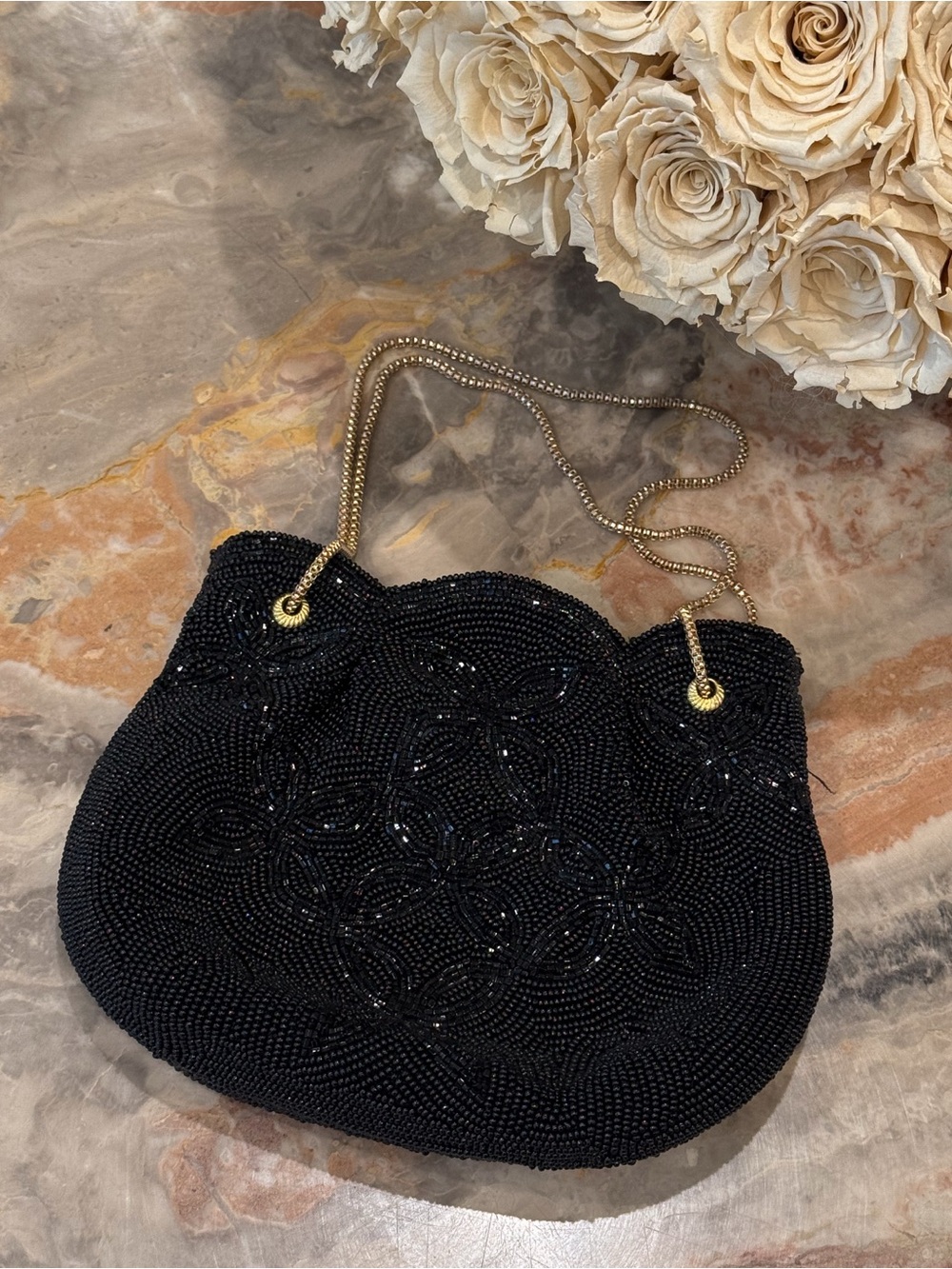 Vintage Walborg Black Beaded Evening Bag Gold Chain Convertible Shoulder Bag
